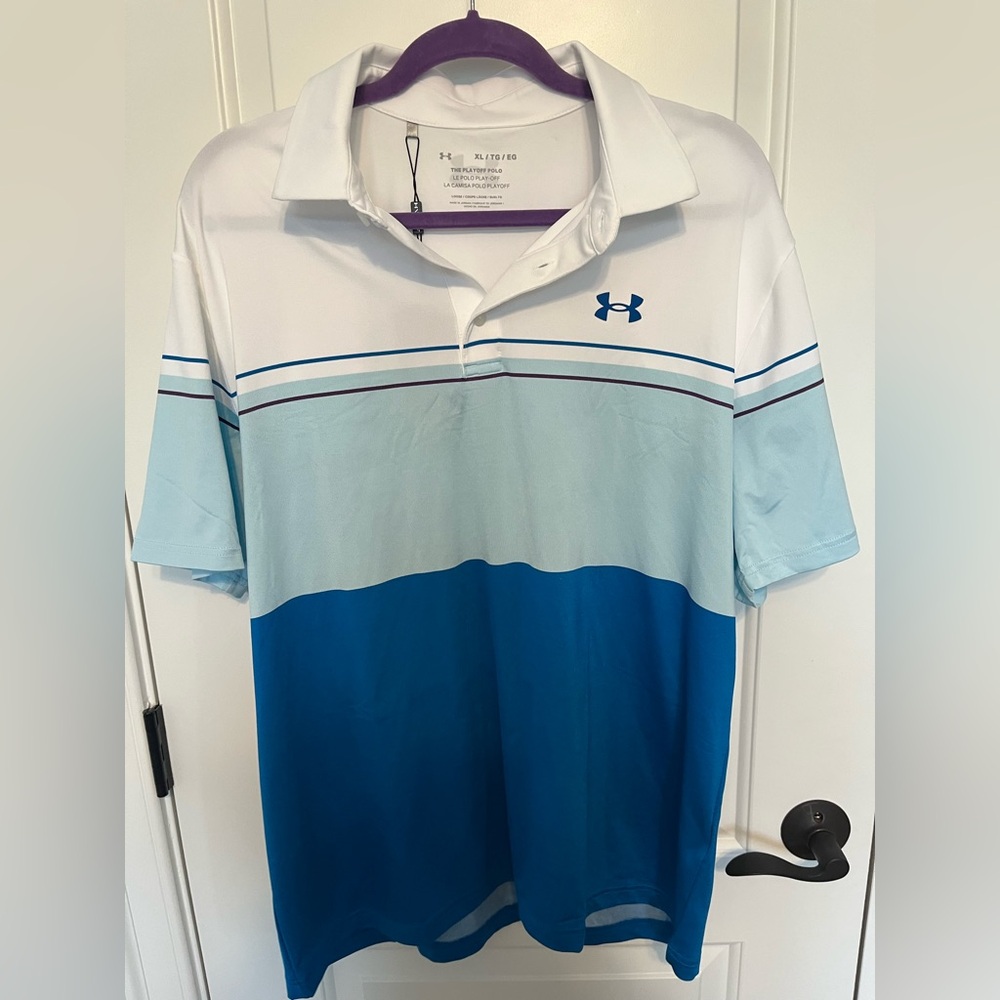 Under Armour Men's White and Blue Striped Polo